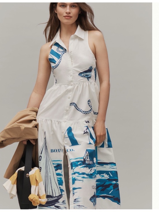 NWT Anthropologie Maeve Sleeveless Nautical Lighthouse Fish Midi Shirt Dress, XL - Picture 6 of 17